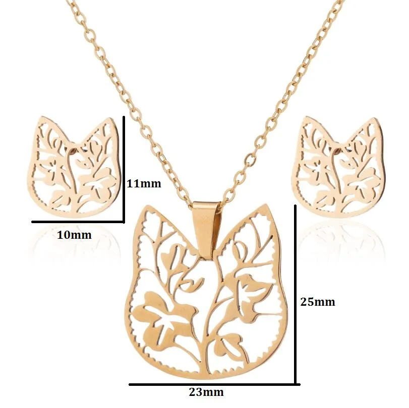 Stainless Steel Lotus Flower Cat Jewelry Set for Women Girl Skull Crane Feather Pendant Necklace Stud Earrings Gifts Wholesale