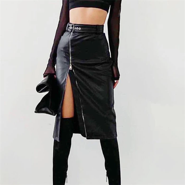 Fashionable High-Waist Slit PU Leather  Skirt Street Style A-Line Zipper Detail Midi Skirt for Women Spring Season