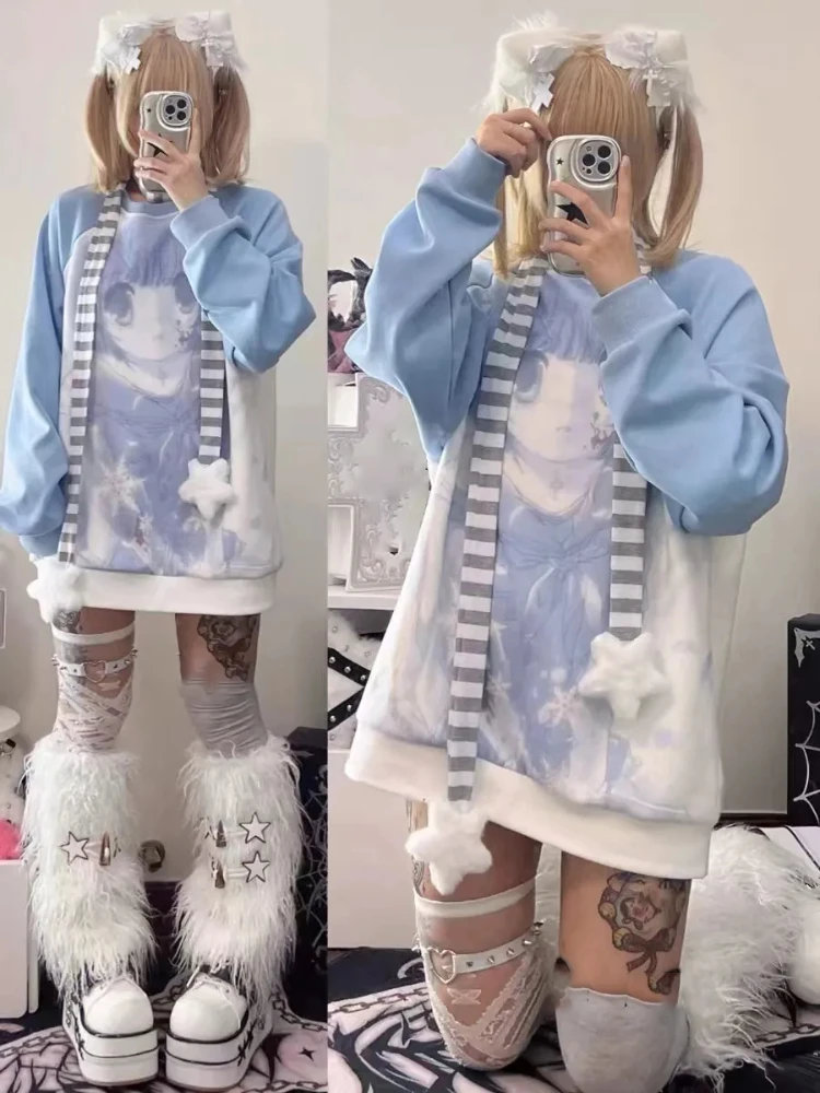 ญี่ปุ่นอะนิเมะพิมพ์เสื้อกันหนาวผู้หญิงฤดูใบไม้ร่วงฤดูหนาว O คอหลวมเสื้อแขนยาว Casual Y2k ความงาม Hoodie Ins