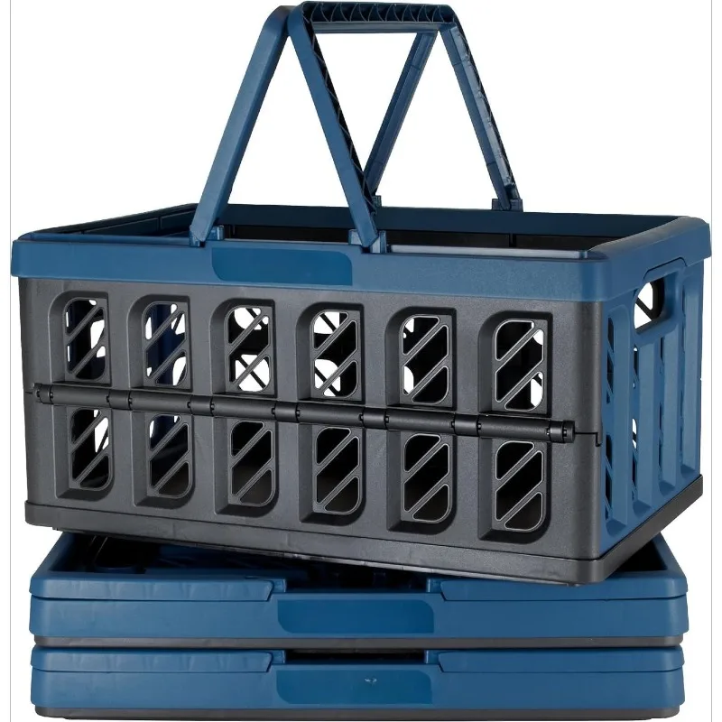 Collapsible Shopping Basket 3-Pack, 24L Foldable Storage Crates with Handles, Ocean Blue Design