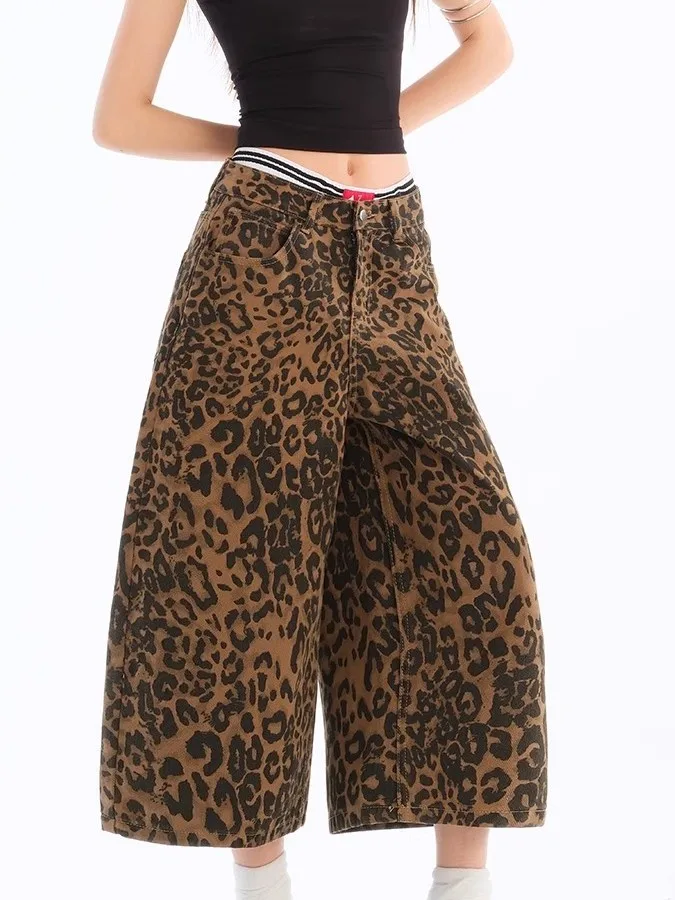 بنطلون نسائي واسع الساق بخصر مرتفع وطبعة الفهد على الطراز الأمريكي، مقاس كبير، فضفاض ومريح للصيف #3
