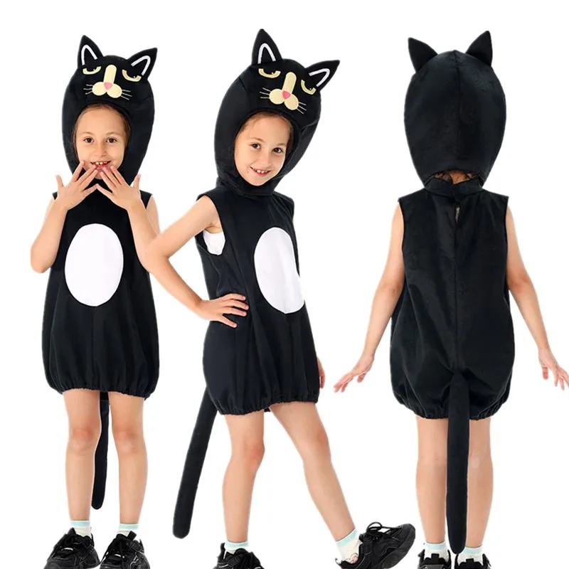 

Kids Cartoon Cat Cosplay Costume Girls Fantasy Animal Stage Performance Jumpsuit Hat Outfits Halloween Carnival Party Suit