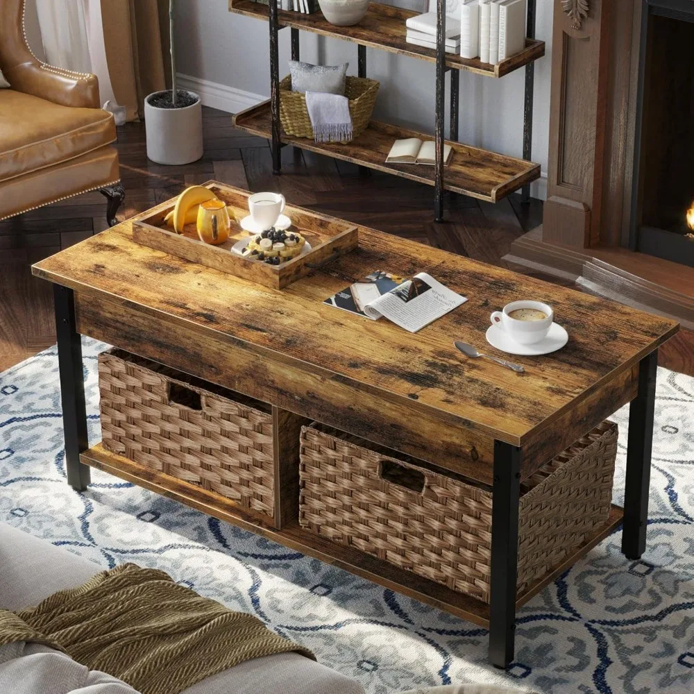 Coffee Table Lift Top, with Hidden Storage Compartment and 2 Rattan Baskets, 41.7" Retro Central Table with Wooden Lift Top