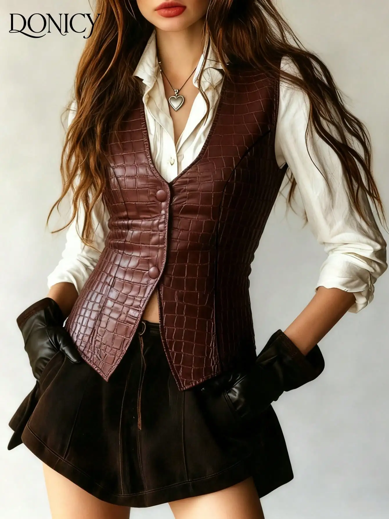 

Women's Crocodile Embossed PU Leather Sleeveless Vest, Retro Elegant Burgundy Outerwear for Casual, Commuting, Party