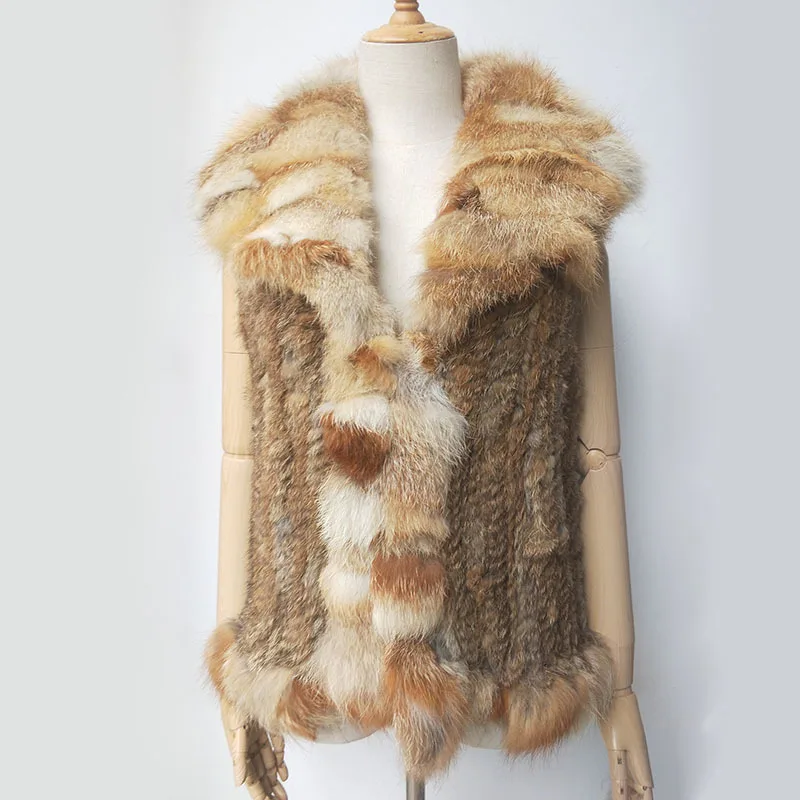 

New Fashion Leather Woven Rabbit Fur Womens Vest Fur Collar Sleeveless Real Rabbit Fur Women Coat