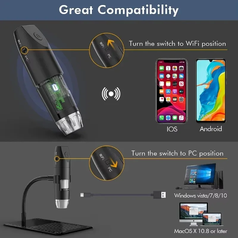 Portable WiFi Digital Microscope Camera 1000X 2MP 1080P HD Video for Students Kids Science Education Electronic Magnifier