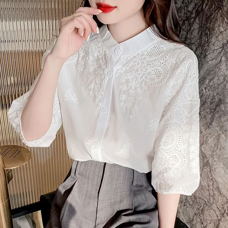 Summer Stand Collar Fashion Half Sleeve Shirt Women Elegant Embroidered Button Patchwork Cardigan Sweet Pure Cotton Chic Tops