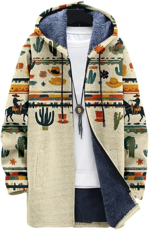 Men's Aztec Jacket Cardigan Western Cowboy Hoodies Fleece Lined Full Zipper Cable Knit Lined Sweater Coats 01