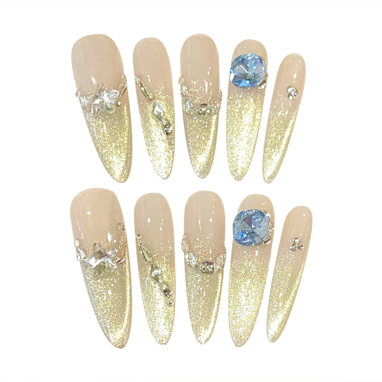 

Съемные накладные ногти с эффектом кошачьего глаза, градиентные, с блестками, цвета шампань, для осенне-зимних вечеринок