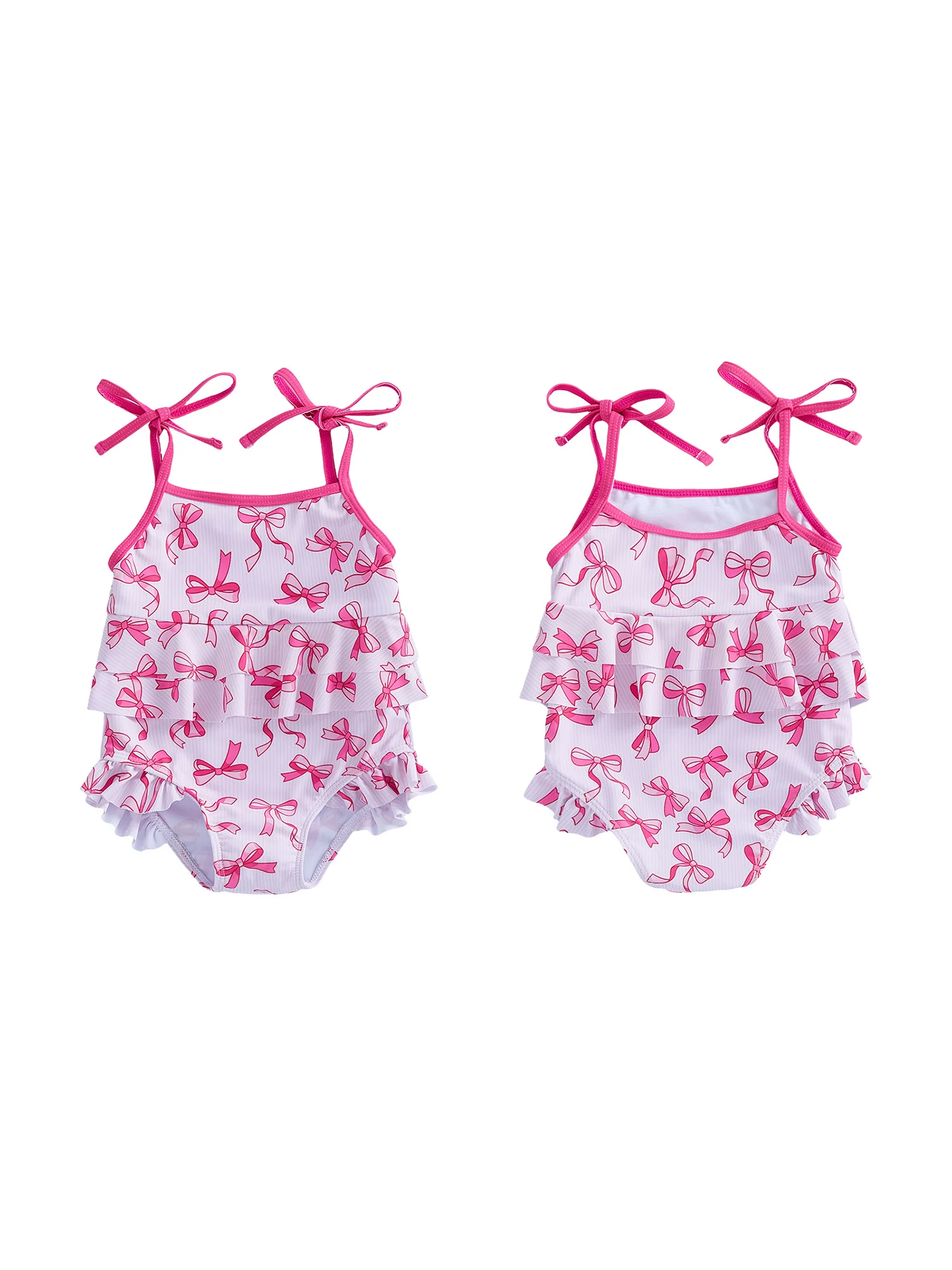 ملابس سباحة لطيفة بطبعات زهور مع حواف مكشكشة وتفاصيل فيونكة للفتيات الصغيرات - ملابس بحر للفتيات الصغيرات بدون أكمام مع