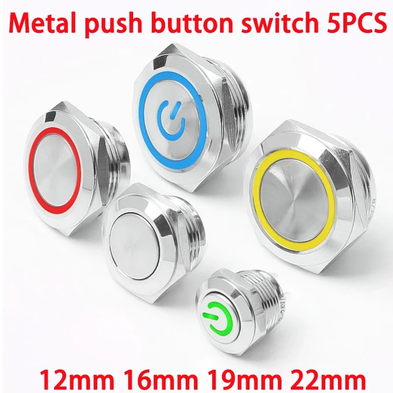 5 PCS Ultra Short Metal Button Switch 12v 12mm 16mm 19mm 22mm Ring Lamp Power Symbol Waterproof LED Light Self Reset Momentary