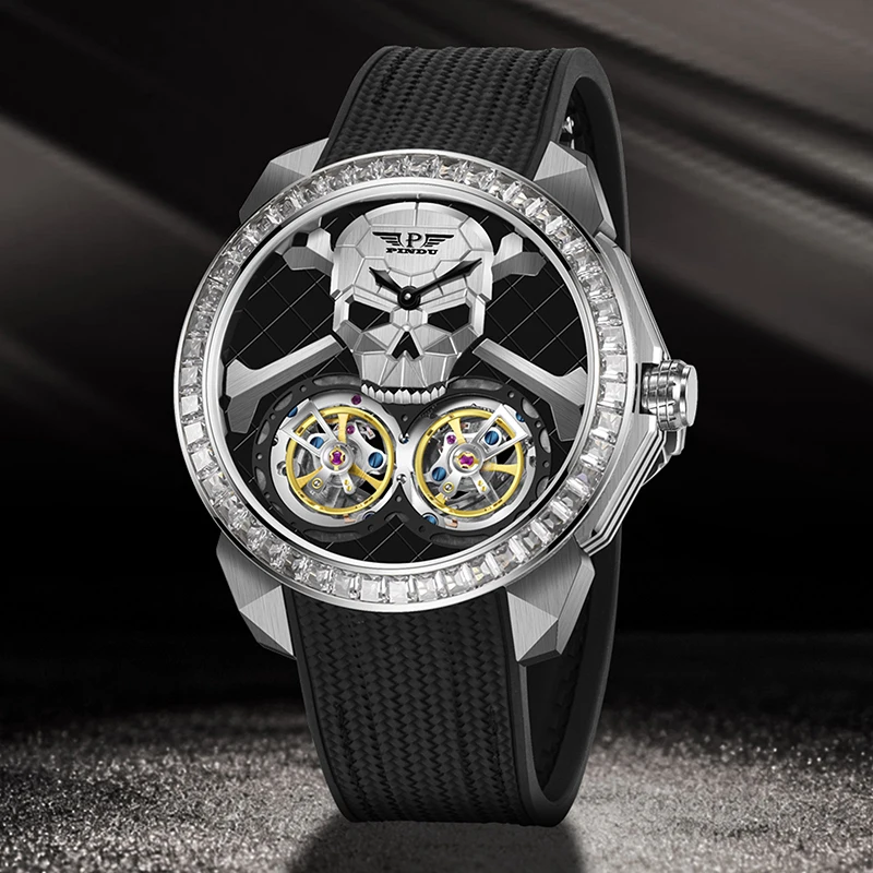 

PINDU New Design Luxury Brand Men's Mechanical Watch Skull Dial Diamond Stainless Steel Waterproof Watch