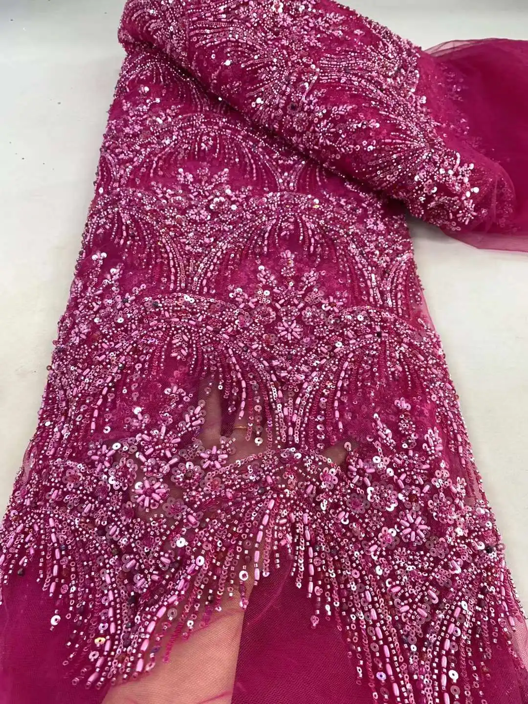 

Nigerian Heavy Beaded Lace Fabric Luxury Dubai Tulle Embroidery Lace Fabric for Evening Dress Bridal Fabrics ZX