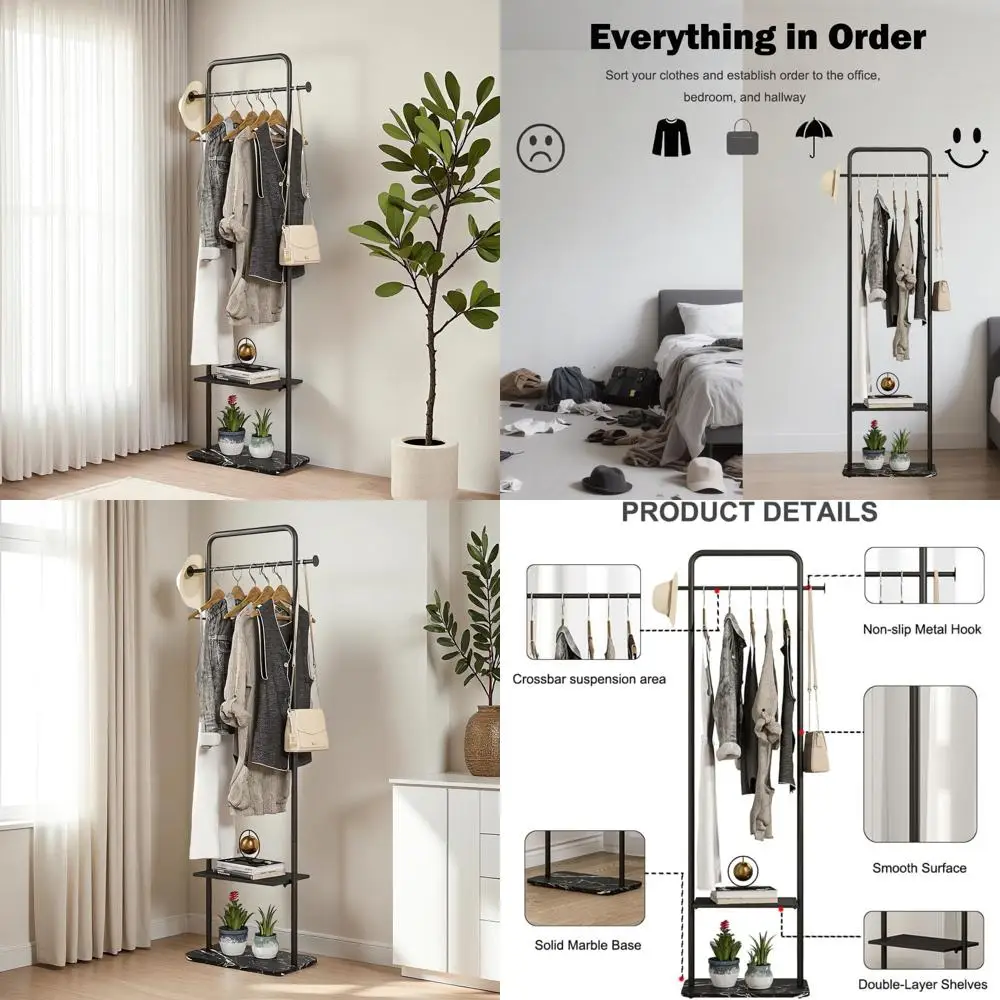 

Sturdy Metal Freestanding Coat Rack with Marble Base for Outerwear, Handbags, and Entryway Storage