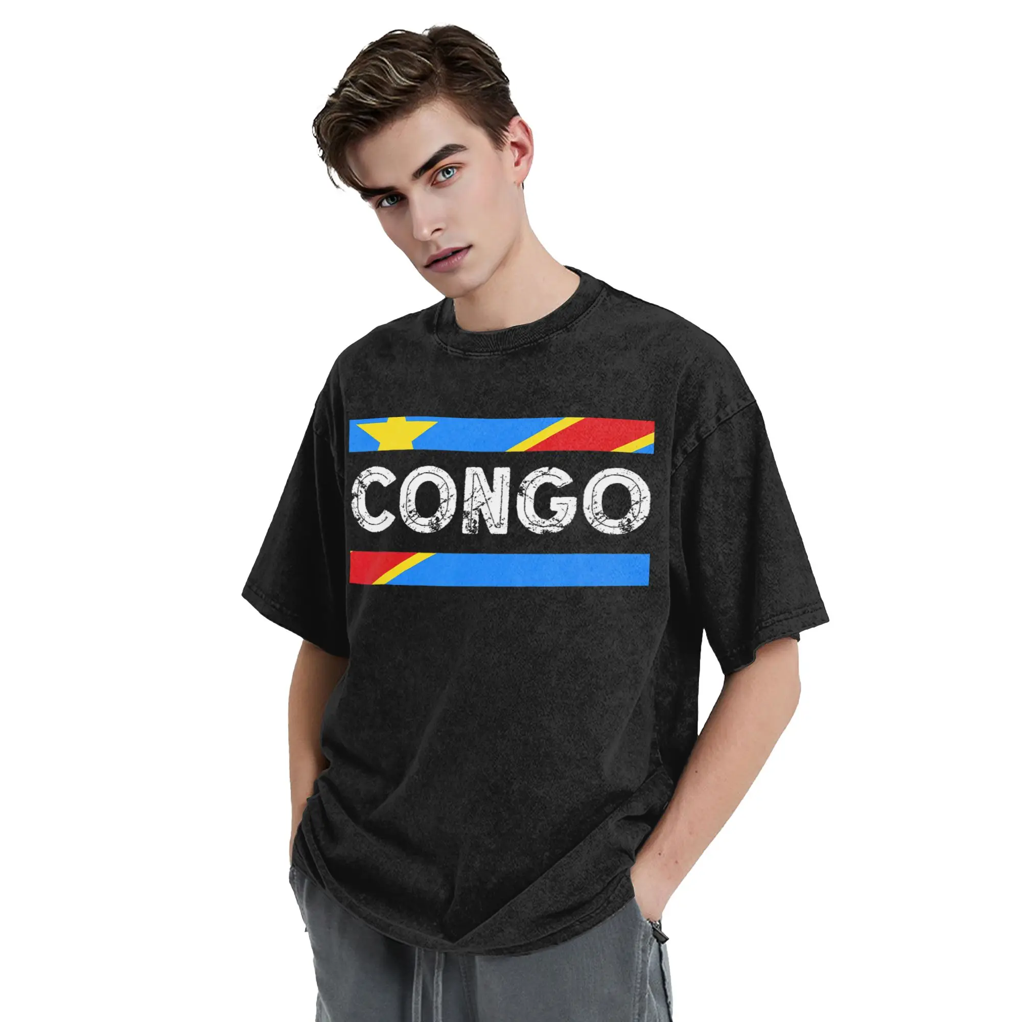 Republic Of Congo Congolese Flag DRC Washed T Shirts Streetwear T-Shirts  Tees Tops for Men Women Cotton Harajuku Printed