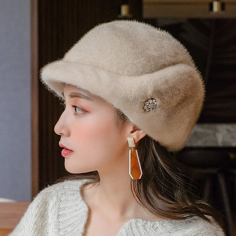 

Women's New Fashion Beret Natural Mink Plush Russian Winter Outdoor Travel Sun Hat Design Sense Casual Mink Hat 2023