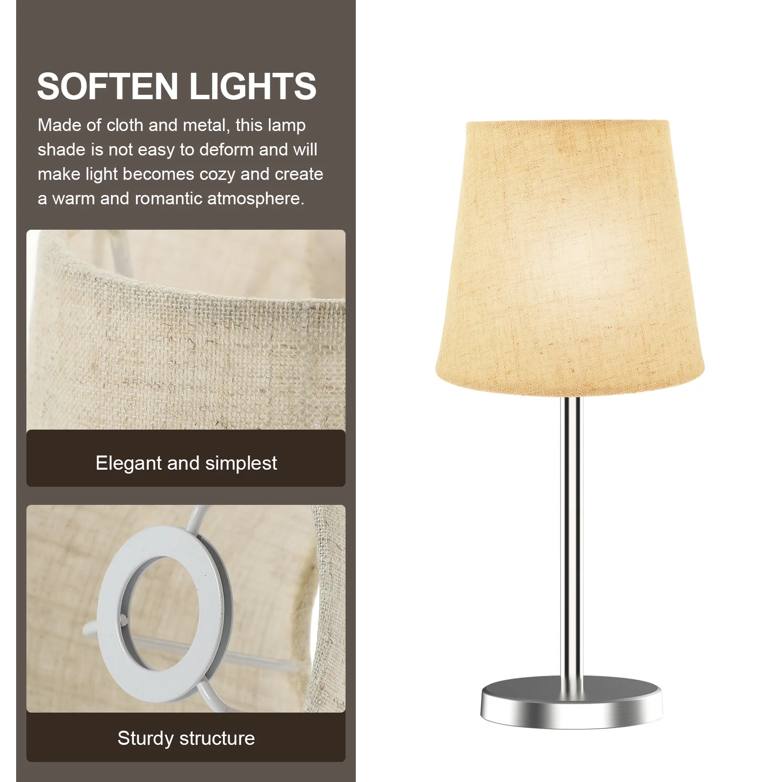 

Тканевый абажур, прочная металлическая конструкция, уютная атмосфера, подходящая для спальни, гостиной, крышка настольной лампы