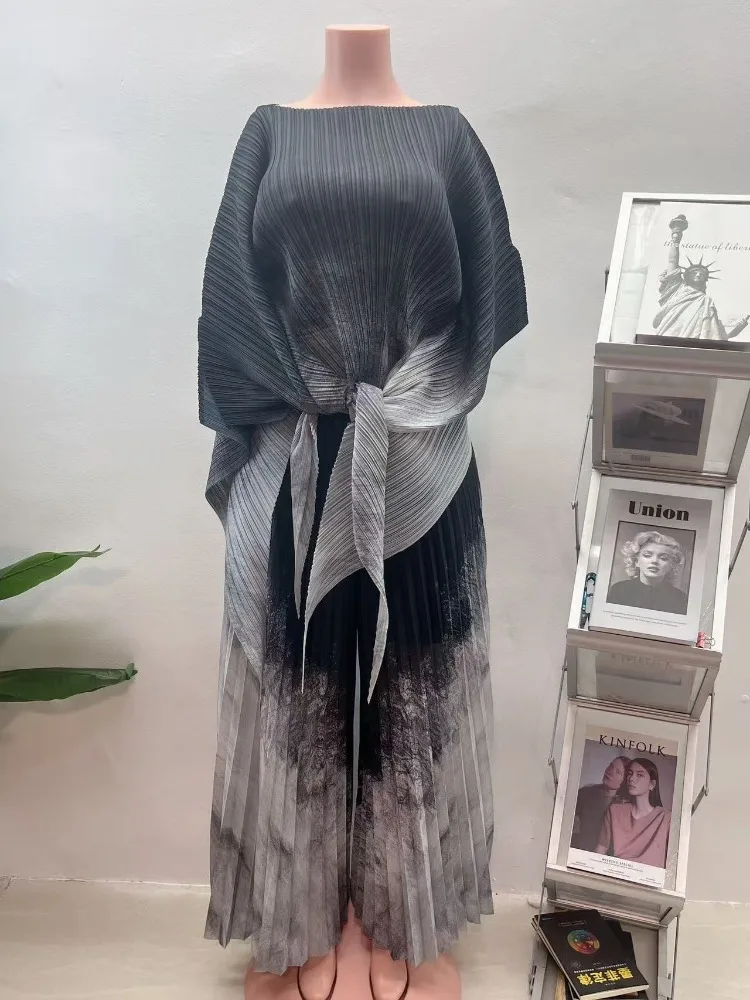 

2025 African Miyake Fold Printing Gradual Change Irregular Bat Sleeve Top + Wide Leg Straight Pants Two-piece Set Women Clothing