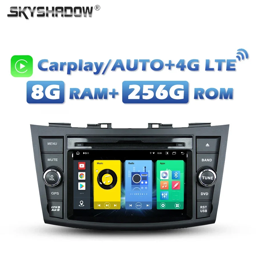 

4G SIM Carplay Auto Android 13.0 8G + 256G Автомобильный DVD-плеер IPS DSP GPS карта RDS Радио Wi-Fi Bluetooth 5.0 Для SUZUKI Swift 2011 2012