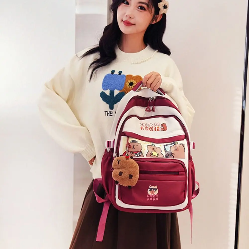 متعددة الوظائف الكرتون كابيبارا حقيبة الظهر عارضة نمط سعة كبيرة حقيبة مدرسية لطيف مع قلادة حقيبة كتف عادية السفر