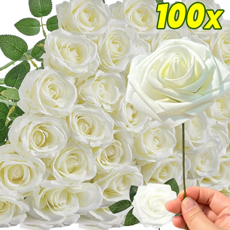 

5/100 шт., искусственные розы, головки с стеблом, розами и зелеными листьями, украшение на день Святого Валентина, свадьбу, день рождения, вечеринку