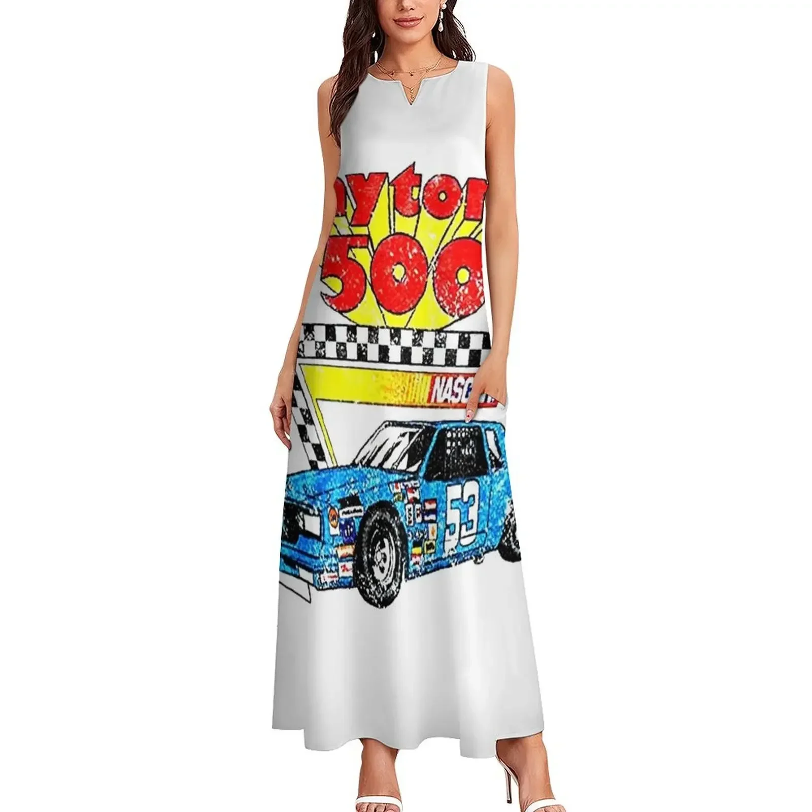 เสื้อยืดลายรถแข่ง Daytona 500 รุ่นวินเทจ เสื้อยืดกราฟิกผู้ชาย เสื้อคลุมยาว ชุดราตรีผู้หญิง ชุดเดรสออกงาน ชุดฤดูร้อน