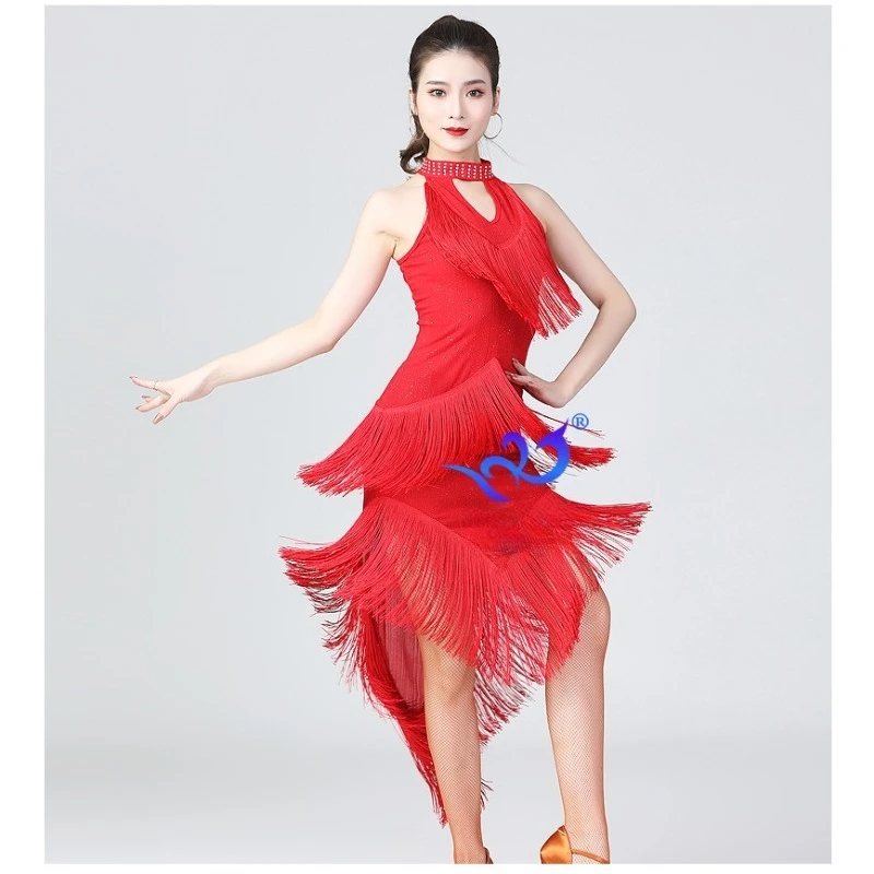 Mulheres adultas tango latino dança competição traje lantejoulas sexy multi-cor verão irregular franja vestidos de desempenho