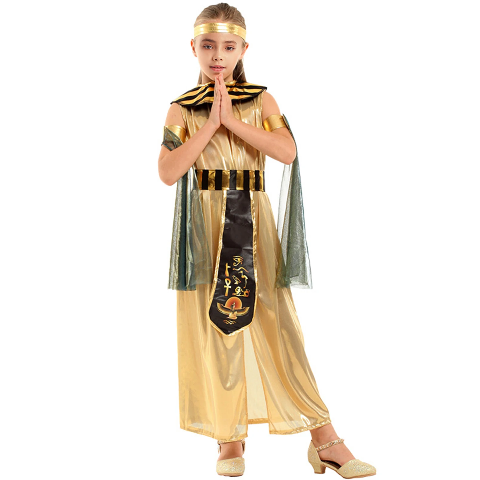 

Kids Girls Halloween Ancient Egyptian Pharaoh Princess Costume Sleeveless Robe Belt Collar Armband Headband Cleopatra Queen Suit