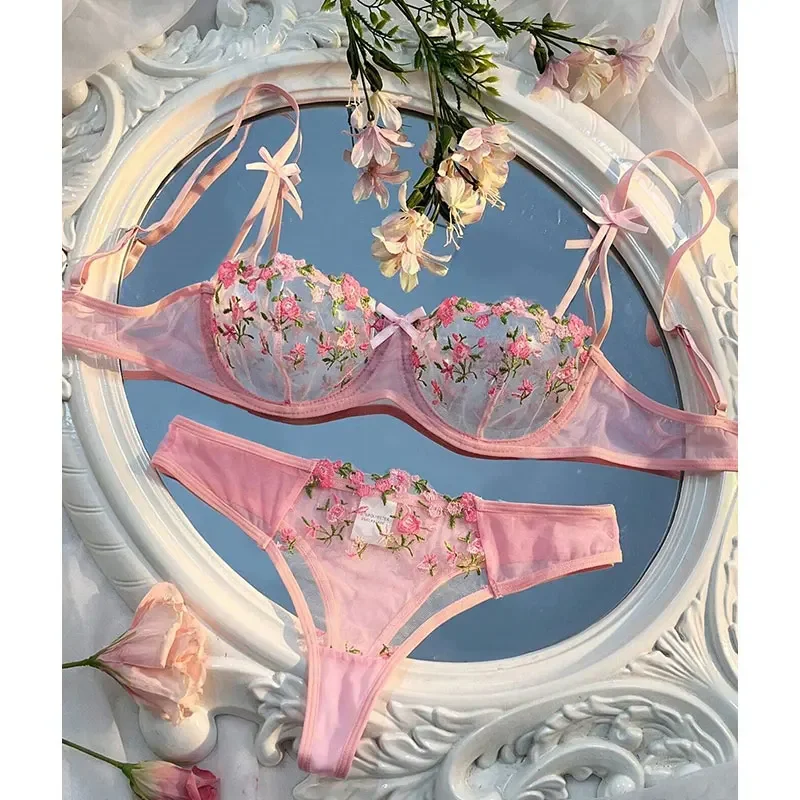 

Women Gathering Chest Underwear Sexy Lace Lingerie Push Up Lingerie Semi-Sheer Bra And Panty Sets Flower Embroidery Bralette Set