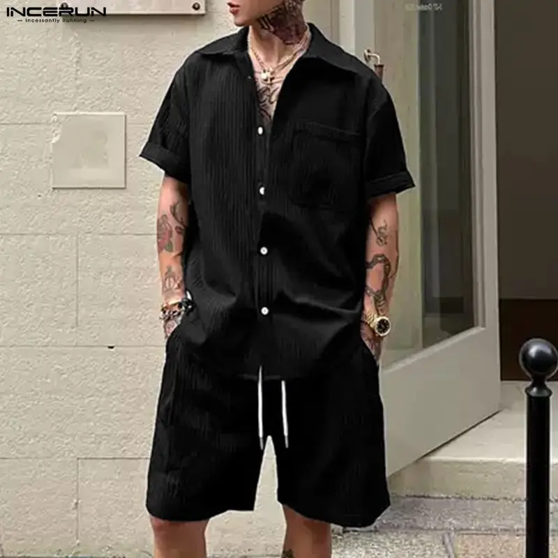 INCERUN Men's Sets Solid Lapel Short Sleeve Shirt Shorts Two Piece Sets Streetwear Loose Summer 2026 Casual Men Matching Sets view 4