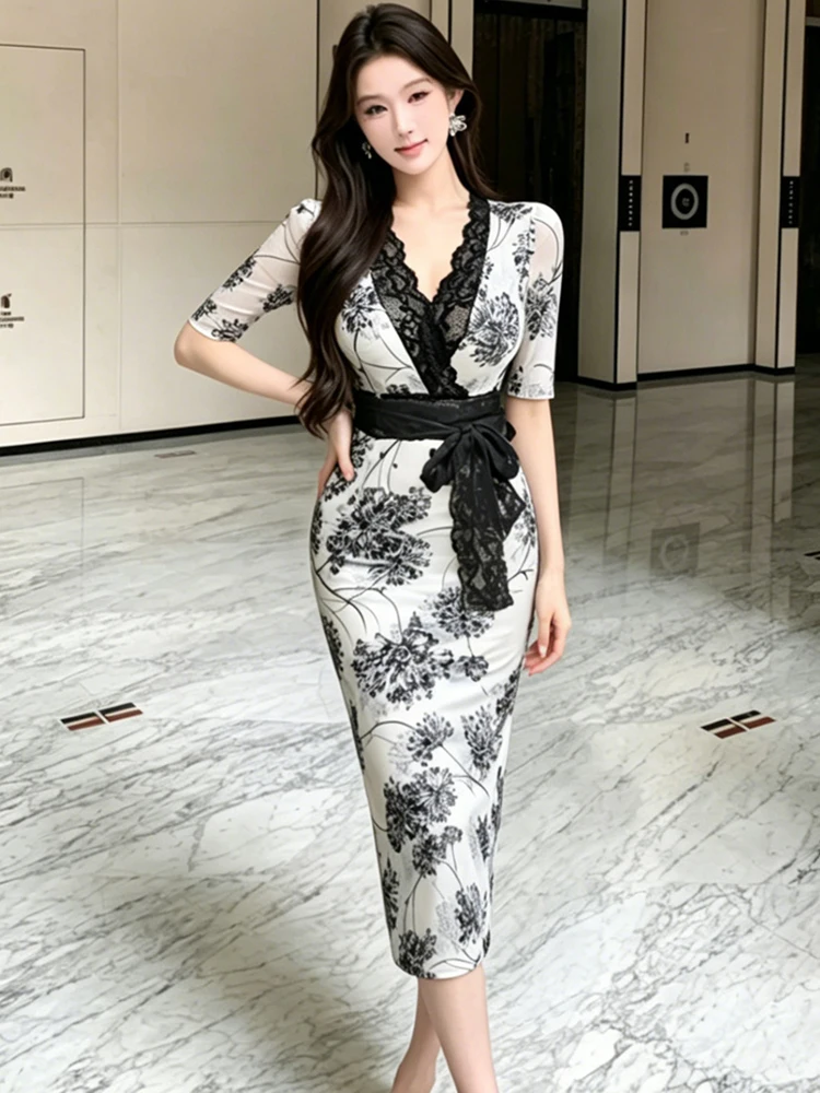 

Summer White Mesh Black Floral Lace V-Neck Dress Women Elegant Bodycon Bow Bandage Dress 2026 Korean Vintage Luxury Party Dress