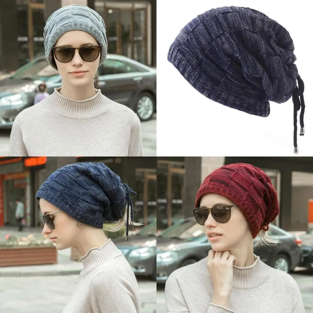 R1WE ユニセックス冬ネックゲートル多目的チェック柄ニットビーニー帽子厚いフェイクフリース裏地サークルループスカーフポニーテールキャップ