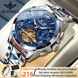 OUPINKE Men's Mechanical Watch Original Skeleton Waterproof Luminous Sapphire Tungsten steel Date Automatic Watch for Men Luxury