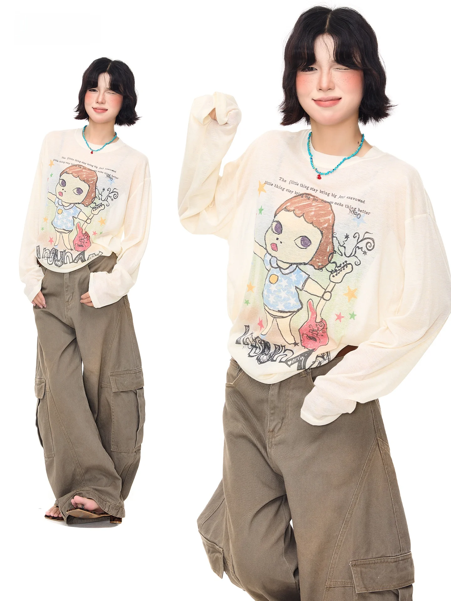 Sanowers Korean Style Long Sleeve T-Shirt Women Summer Loose Thin Printed Casual Top Breathable Transparent Youth Fashion