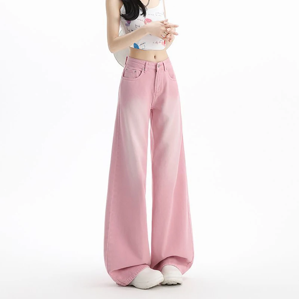 Pantaloni in denim rosa sfumato alla moda per donna Jeans classici dritti a gamba larga Streetwear 2026 Pantaloni larghi casual della nuova primavera