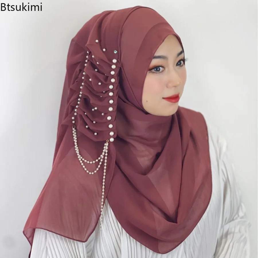 Élégant mousseline de soie Hijabs femmes musulmanes Hijab perle gland conception longue écharpe Turban châles islamique tête enveloppement pour les femmes foulard