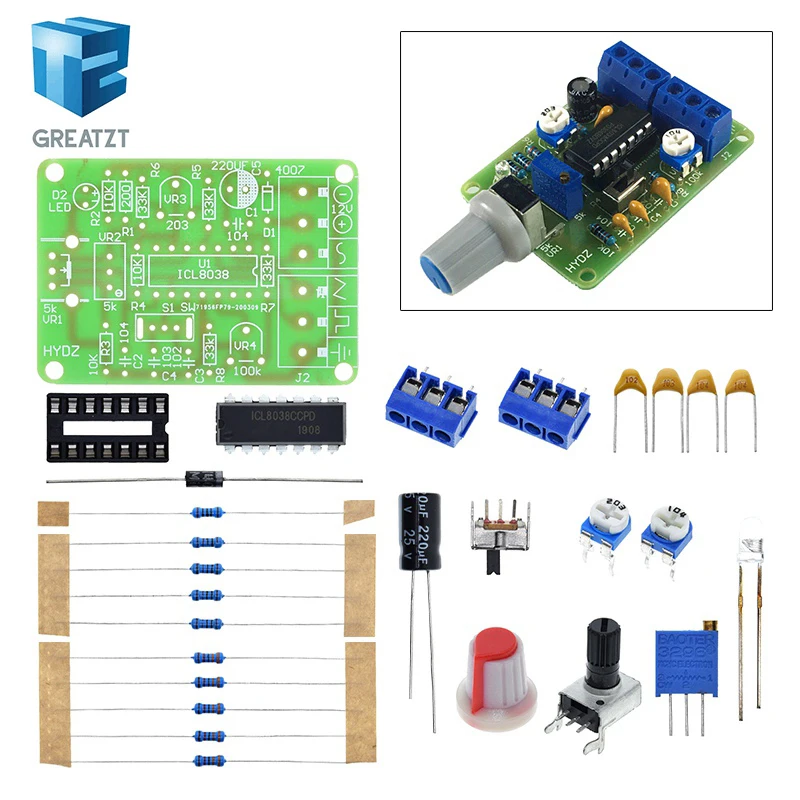 1Set ICL8038 Monolithic Function Signal Generator Module DIY Kit Sine Square Triangle Frequency Generator Capacitor Inductor