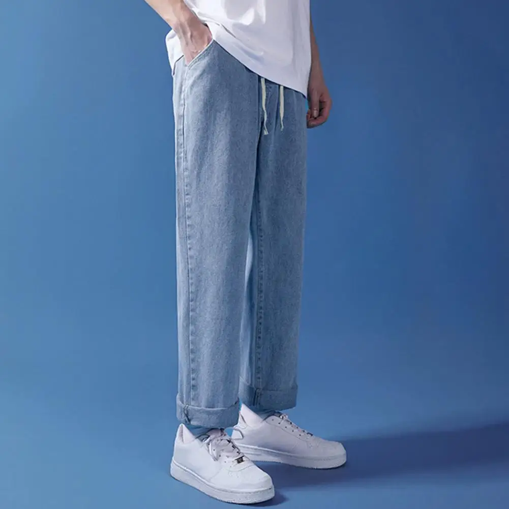 Comfortable Men Jeans Ankle-length Men Jeans Men's Wide-legged Drawstring Denim Trousers Teen Sleek Loose Fit for Every