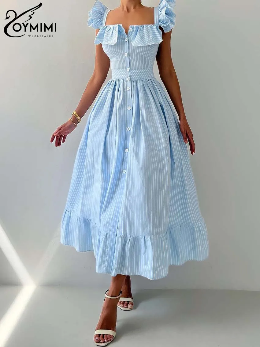 

Oymimi Fashion Blue Print Women's Dress Elegant Slip Ruffled Open Back Square Collar Dresses Casual Button Pleated Midi Dresses