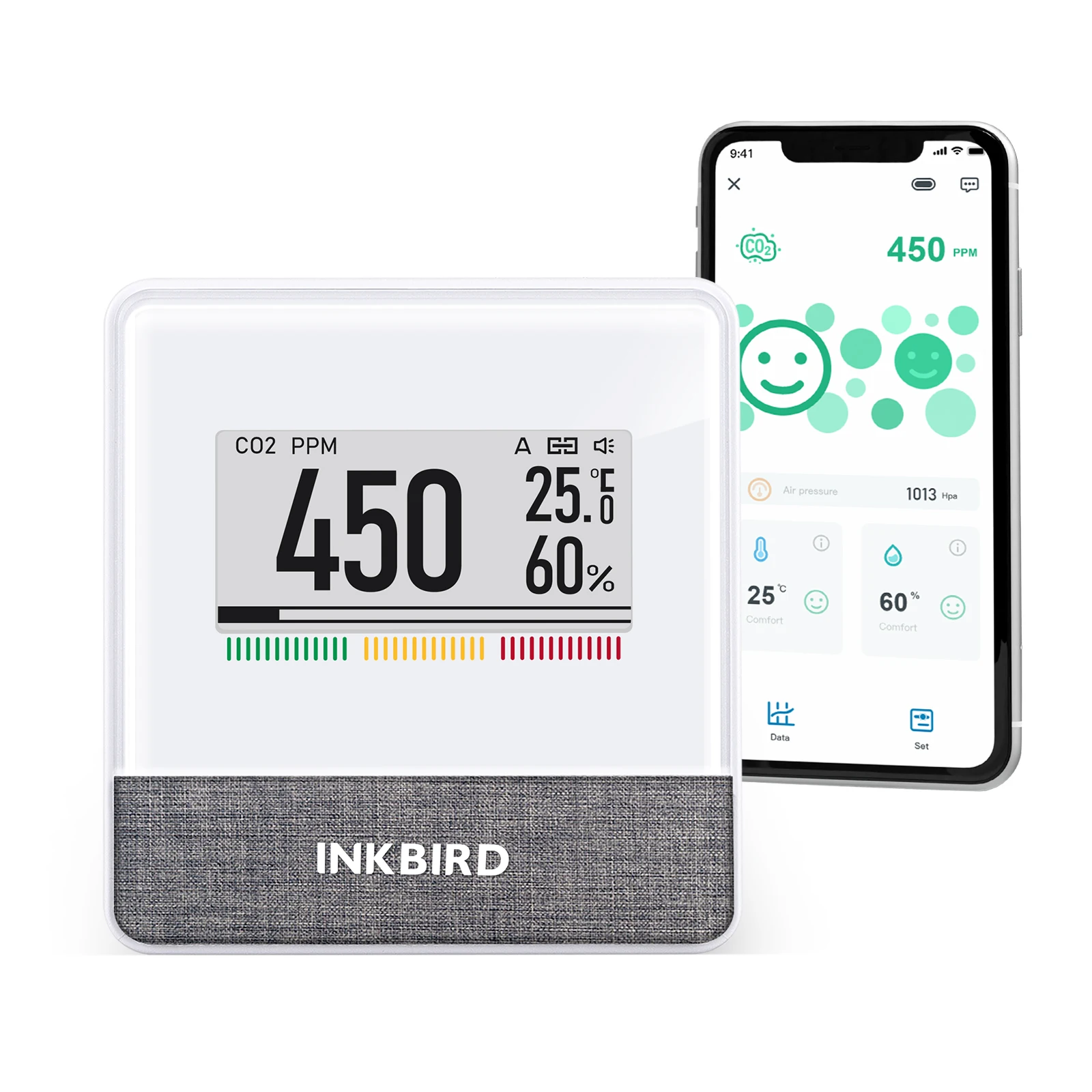 INKBIRD IAM-T1 Smart Indoor Air Quality Monitor Electronic Ink Display CO2 Level Indication App Monitor CO2 Temperature Humidity