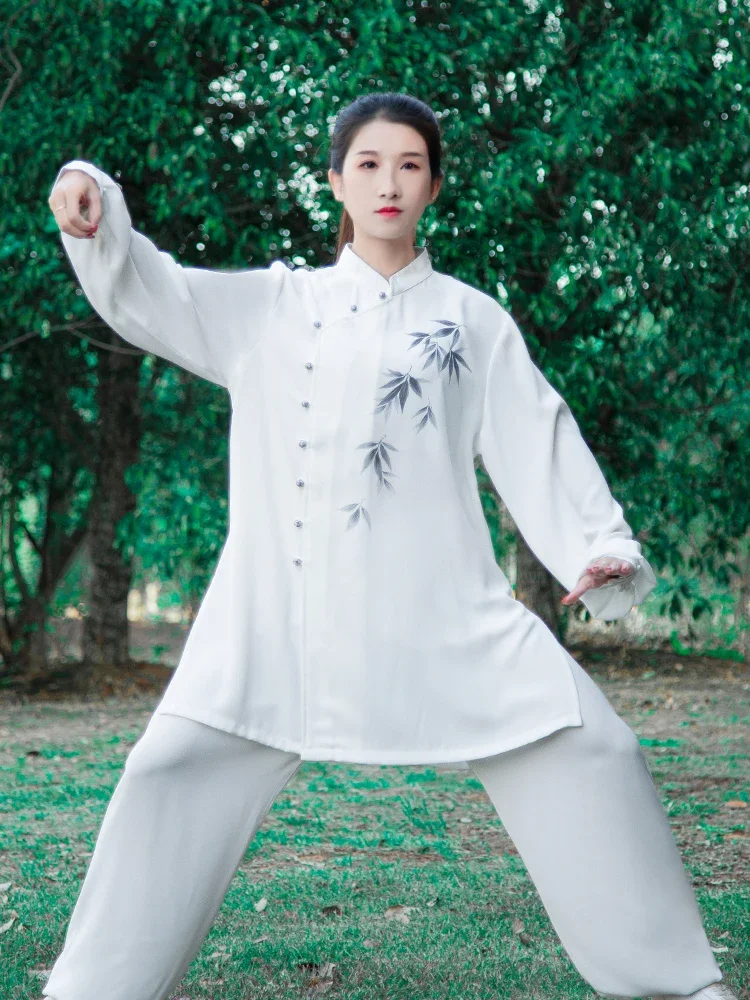 Wushu Clothing Tai Chi Clothes Martial Art Uniform Kung Fu Dress Girl Women White Kun Master 2023 New Style Printing Bamboo Leaf