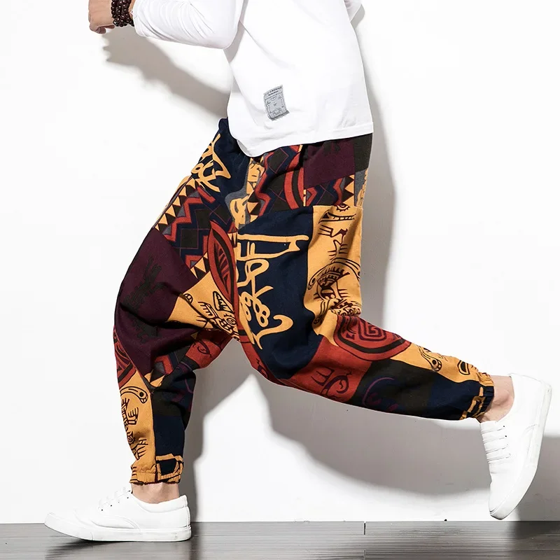 

Spring/Summer Chinese style printed casual pants, men's loose crotch trendy hip-hop suspender leggings