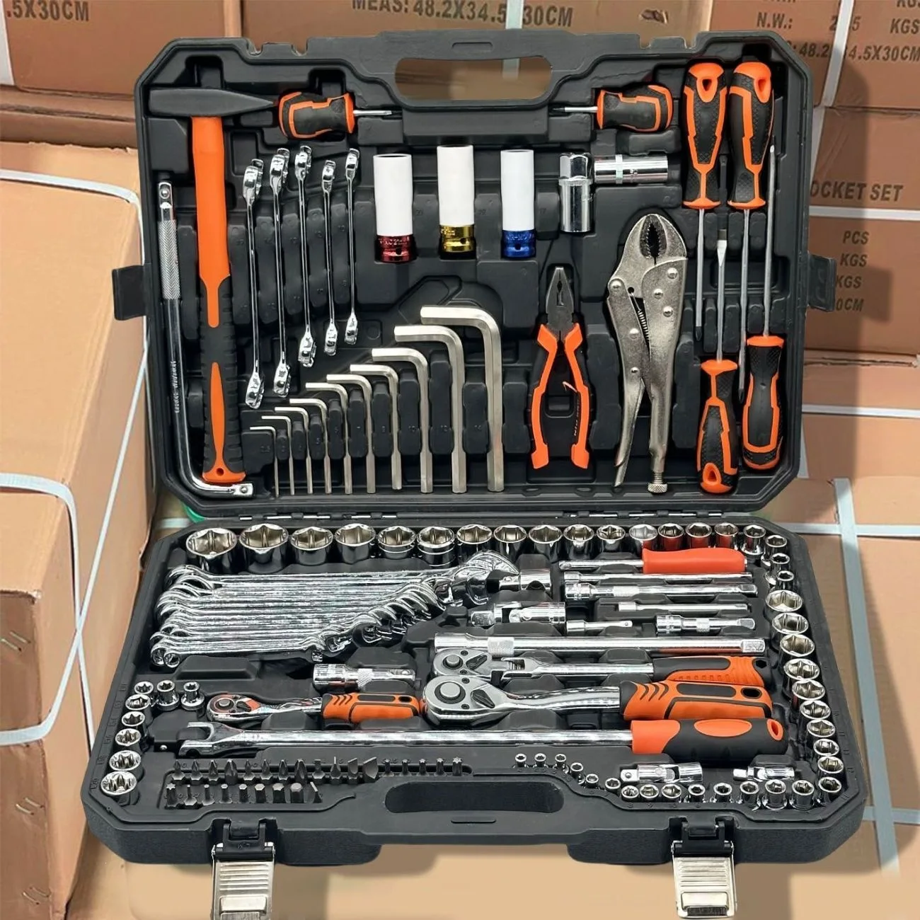 Complete Automotive Socket Wrench Tool Set with Ratchet Handle, Deep and Shallow Sockets, Extension Bars and Bit Kit in a Black