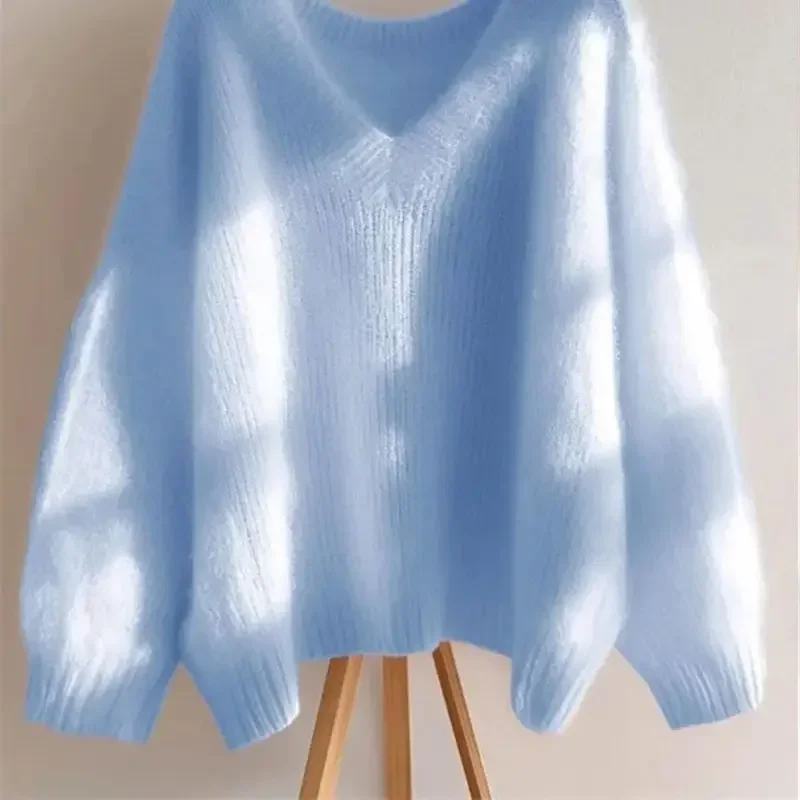 高品質カジュアルニットプルオーバー女性秋冬ルーズ V ネックウールニットセーター女性韓国モヘアニット