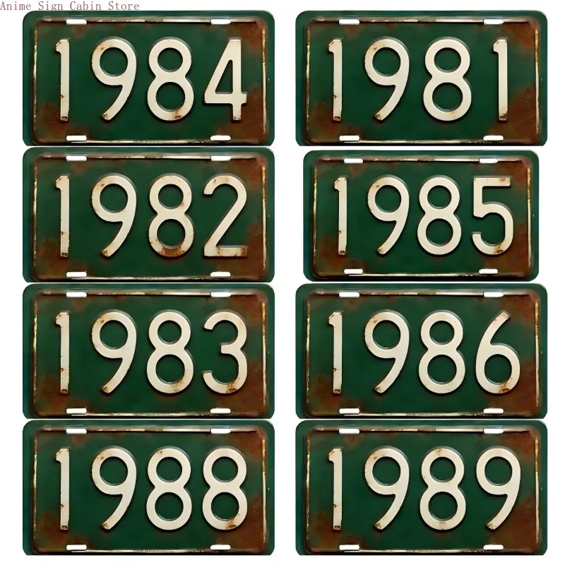 Aluminium-Gemälde Retro 1980er Jahre Nummernschild Metall-Wandkunst-Set Rustikales Grün Distressed Aluminium-Drucke für 80er-Jahre-Thema