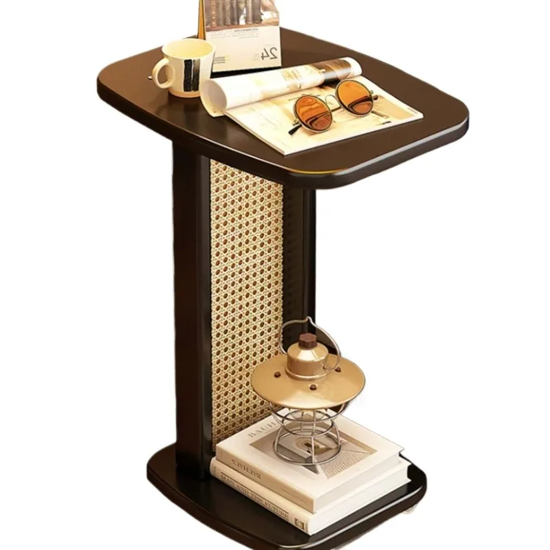 Vintage Side Table 3-Tier End Table with Wheels Mobile Storage Rack for Living Room Sofa Retro Brown Tea Color