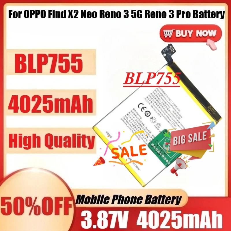 

Аккумулятор BLP755 для OPPO Find X2 Neo, Reno 3 5G, Reno 3 Pro + инструменты, новый, 3.87V, 4025mAh