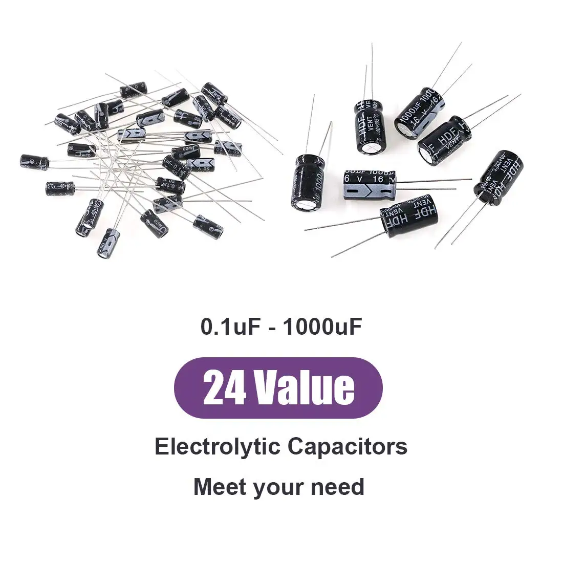 240pcs 24 Values Electrolytic Capacitor Assortment Kit from 0.1uF to 1000uF 10V 16V 25V 50V in-line Aluminum Capacitors Set