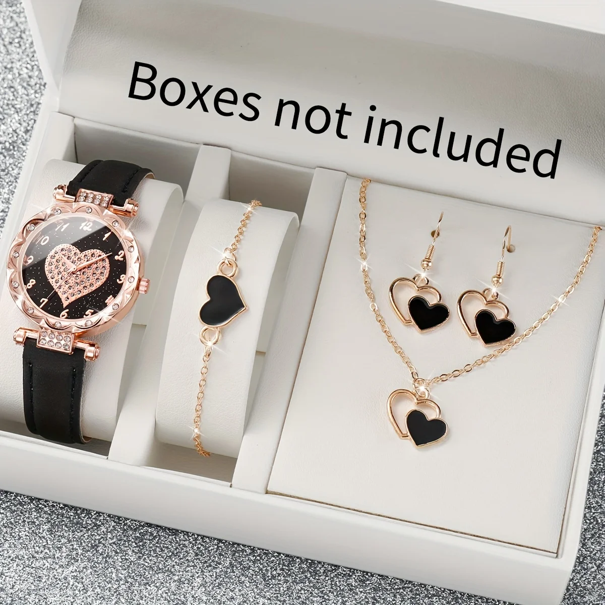 5pcs/set Women's Shiny Rhinestone Heart Quartz Watch Analog PU Leather Wrist Watch & Jewelry Set, Valentines Gift For Her