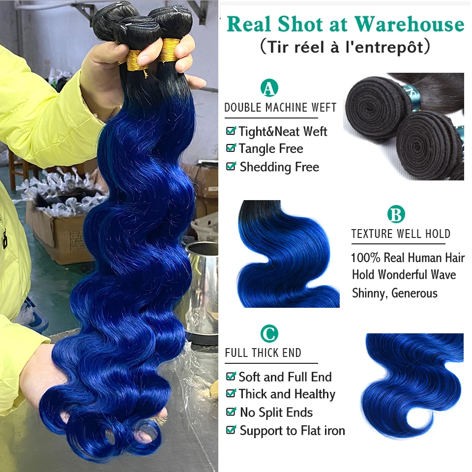 Ombre Blue Body Wave Human Hair Weave Bundles Sexay Pre Colored 2 Tone 1B Blue Wavy Human Hair Weft Extensions For Black Women